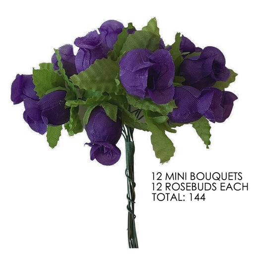 Purple Artificial Silk Mini Roses - 12 Dozens, 144 Rosebuds Total