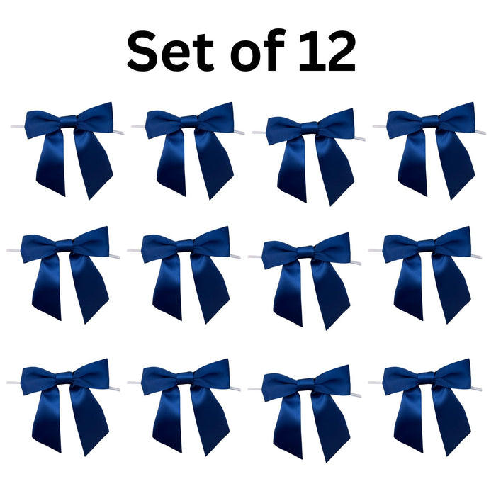 Pre-Tied Navy Blue Satin Bows - 4 1/2" Wide, Set of 12