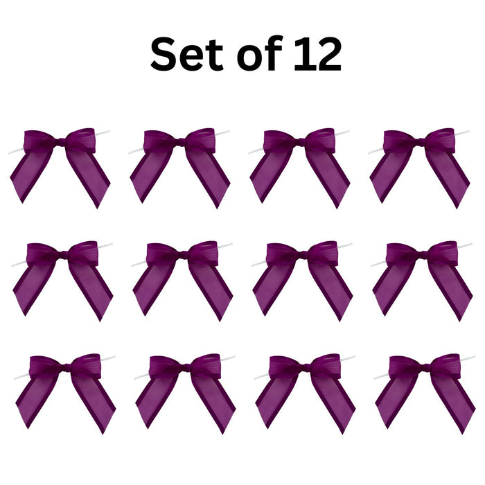 Pre-Tied Purple Organza Bows - 4" Wide, Set of 12