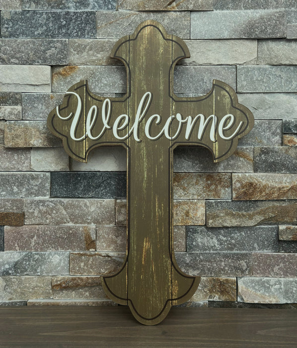 Welcome Cross Christian Wall Decor - 16" x 11", Door Sign