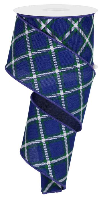 Royal Diagonal Plaid Wired Ribbon - 2 1/2 inch x 10 Yards, 4th of July, America 250 Anniversary, Father's Day, Royal Blue, White & Green Plaid, Police Support, Birthday Crafts, School Graduation