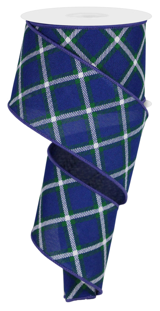 Royal Diagonal Plaid Wired Ribbon - 2 1/2 inch x 10 Yards, 4th of July, America 250 Anniversary, Father's Day, Royal Blue, White & Green Plaid, Police Support, Birthday Crafts, School Graduation