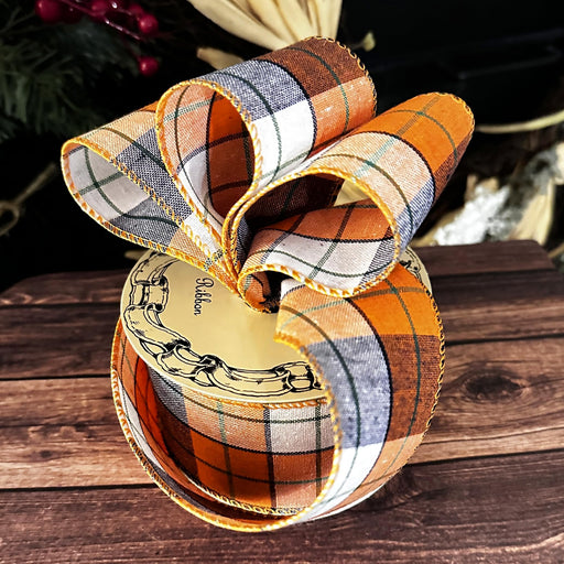 Fall Plaid Wired Ribbon - 2 1/2" x 10 Yards, Halloween, Fall, Thanksgiving, Christmas, Orange, Beige, Black, Decor, Wreath, Farmhouse Decoration, Garland, Gifts, Bows