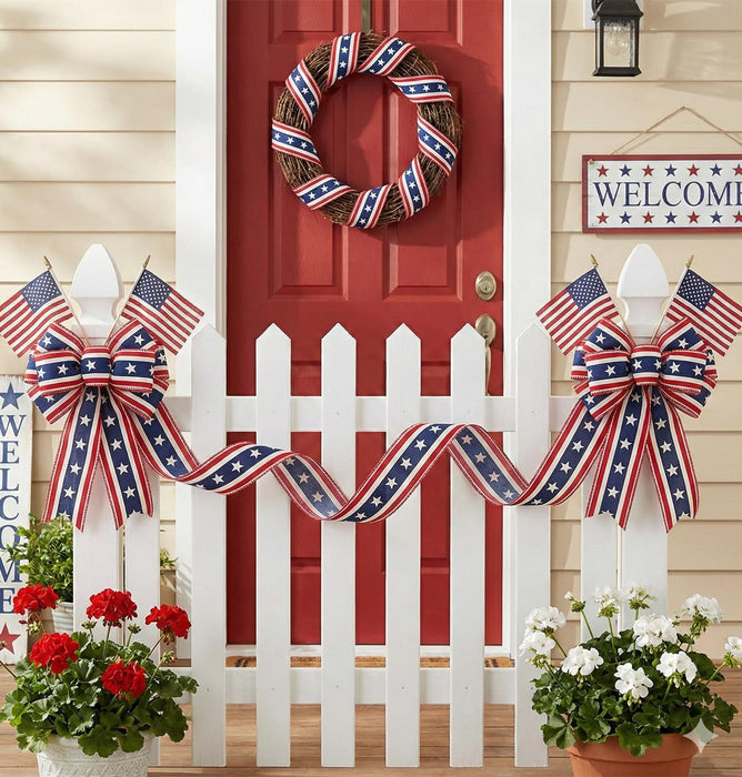 Stars & Stripes Patriotic Ribbon - 2 1/2" x 10 Yards, 4th of July, America 250 Anniversary, Red White Blue, American Flag, Wired Edge, Wreath, USA Decorations, Rustic, Election Booth, 1776