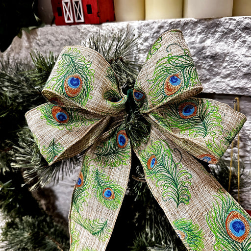 Green Blue Peacock Feathers Linen Ribbon - 2-1/2" x 10Y, Christmas Gift Wrap