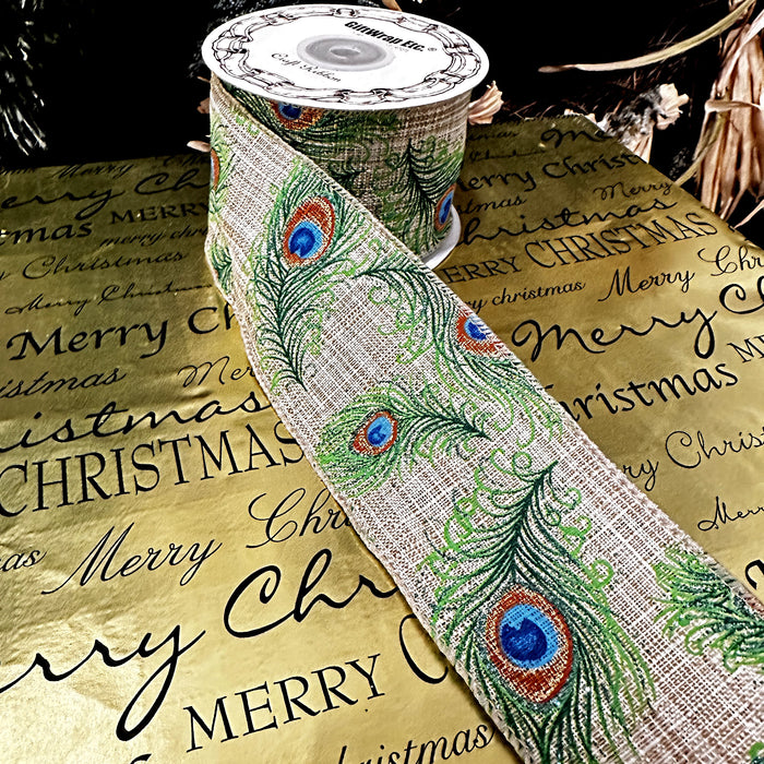 Beige Peacock Print Wired Ribbon - 2 1/2 inch x 10 Yards