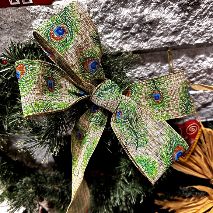 Beige Peacock Print Wired Ribbon - 2 1/2 inch x 10 Yards