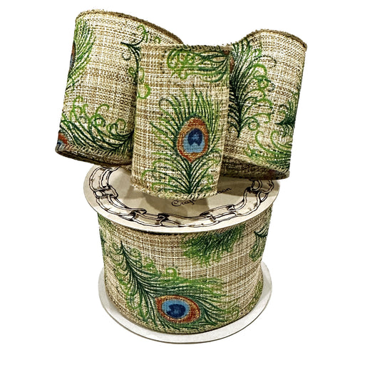 Blue Green Peacock feather linen ribbon