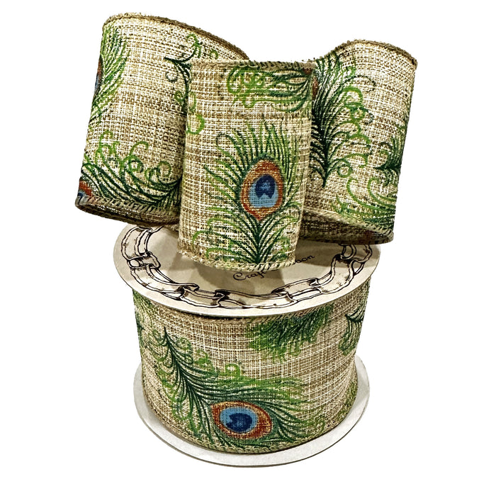 Blue Green Peacock feather linen ribbon