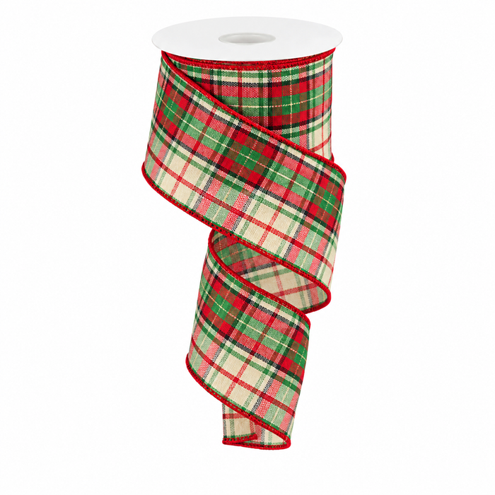 Red Green Cream Plaid Christmas Ribbon - 2 1/2" x 10 Yards, Tartan, Wired Edge, Gift Wrapping, Presents, Wreath Decoration, Tree Topper, Swag, Garland, DIY Craft