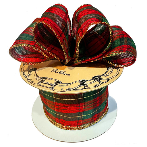 Red and green classic Christmas plaid ribbon with metallic gold trim