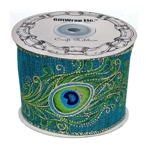 Peacock Print Christmas Wired Ribbon - 2 1/2" x 10 Yards, Gift Wrapping, Wreath, Garland Decor, Tree Wrap, Blue, Green, Gold, Feathers, Wedding, DIY Crafts, Swag, Traditional