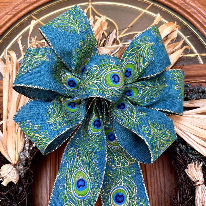 Peacock Print Christmas Wired Ribbon - 2 1/2" x 10 Yards, Gift Wrapping, Wreath, Garland Decor, Tree Wrap, Blue, Green, Gold, Feathers, Wedding, DIY Crafts, Swag, Traditional