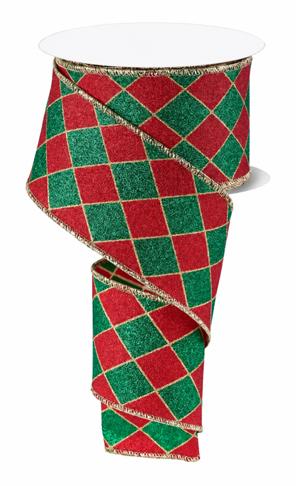 Red Green Harlequin Diamonds Wired Ribbon - 2 1/2" x 10 Yards, Christmas, Gift Wrapping, Gold Edges, Wreath, Garland, Tree Decoration, Fundraiser, Winter Decor