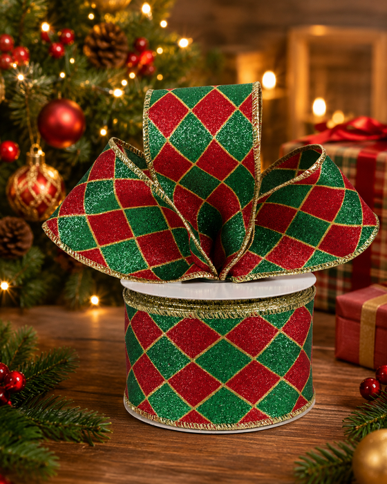 Red Green Harlequin Diamonds Wired Ribbon - 2 1/2" x 10 Yards, Christmas, Gift Wrapping, Gold Edges, Wreath, Garland, Tree Decoration, Fundraiser, Winter Decor
