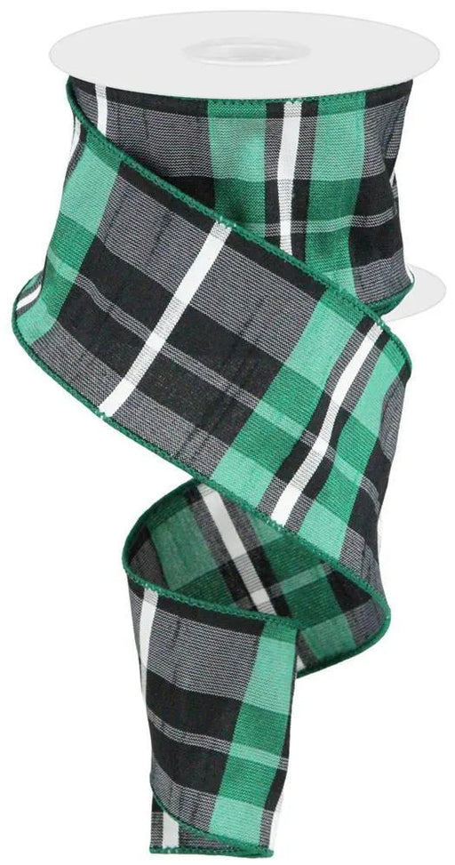 Faux Dupioni Plaid Wired Ribbon - 2 1/2" x 10 Yards, Halloween, Fall, Thanksgiving, Christmas, Green Black White, Farmhouse Decor, Garland, Gift Wrapping, Wreaths