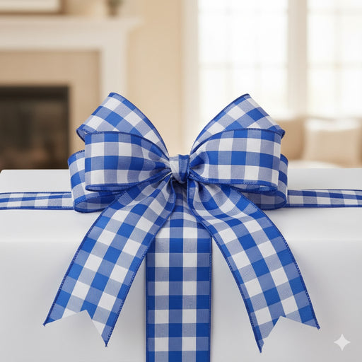 Blue and white checkered bow on a wrapped gift