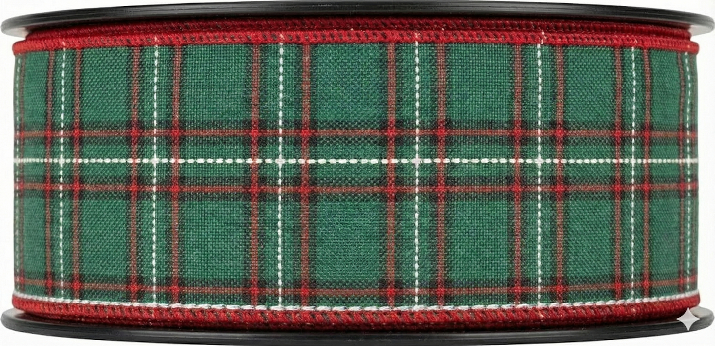 Rustic Plaid Wired Christmas Ribbon - 2 1/2" x 50 Yards, Emerald, Red, Black, White