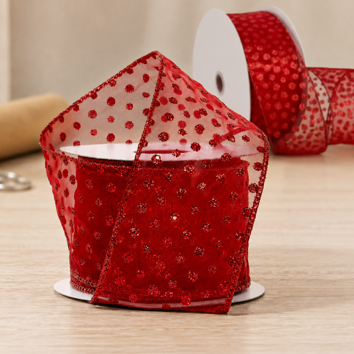 Red Sheer Polka Dots Ribbon - 2 1/2" x 10 Yards, Labor Day, Fall, Election Day, Veterans Day, Christmas, Anniversary, Birthday, Wreath, Fundraiser, School, Office, Wedding