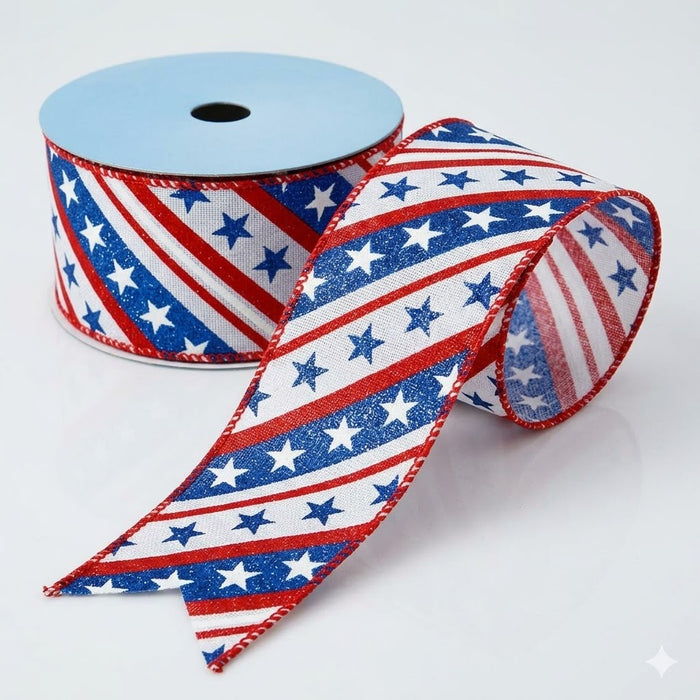 Patriotic Stars Stripes Satin Ribbon - 2 1/2" x 10 Yards, Wired Edge, 4th of July, 250th Anniversary USA, Vintage Americana, Wreath, Gift Wrap, Election, Rally, Parade, Veterans Day, Labor Day, 1776