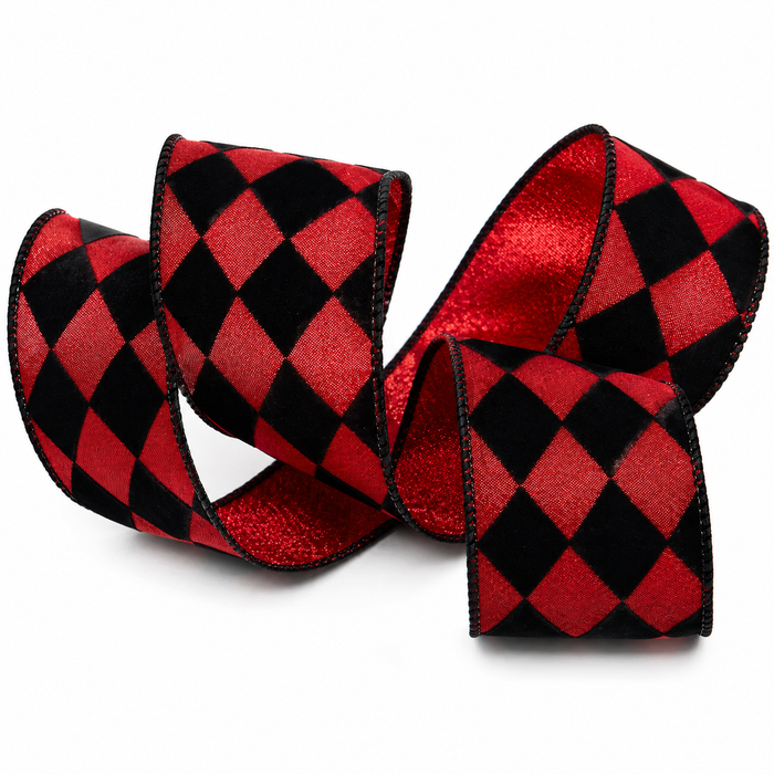Red Black Harlequin Wired Ribbon, 2 1/2" x 10 Yards, Single Faced, Diamond Checkered, Halloween & Masquerade, Holiday Garland & Gift Wrap, Wreaths & Bows