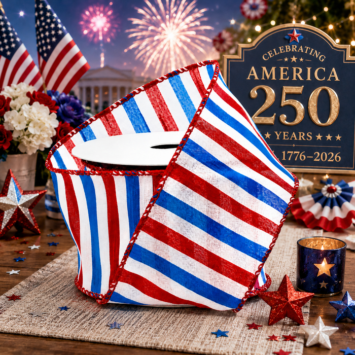 Red White Blue Stripes Wired Ribbon - 2 1/2" x 10 Yards, 4th of July, America 250 Anniversary, USA, Election Wreath, Swag, Garland, USA, Patriotic Decor, Summer, Labor Day, Birthday, Veteran's Day
