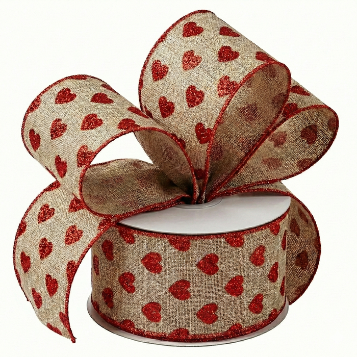 Faux Burlap Valentine Hearts Ribbon - 2 1/2" x 10 Yards