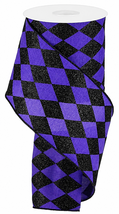 Purple Black Harlequin Wired Ribbon - 4" x 10 Yards, Halloween, Masquerade, Glitter, Fall, Single Faced, Holiday Garland, Gift Wrap, Wreath, Birthday, Carnival, Awareness Ribbon, Mardi Gras
