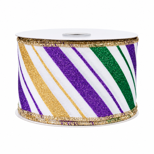 Glitter Striped Mardi Gras Ribbon - 2 1/2" x 10 Yards, Wired Edges, Purple, Green, Gold, Fat Tuesday, Carnival, Party Decor, Gift Wrapping, Wreath, Easter, Spring, Christmas