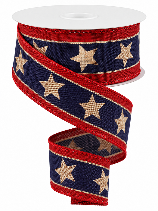 Tea Stained American Stars Ribbon - 1 1/2" x 10 Yards, 4th of July, America 250 Anniversary, American Flag Wired Ribbon, DIY, USA, Rustic, Election, Rally, Veterans Day, Wired Ribbon, Labor Day, 1776