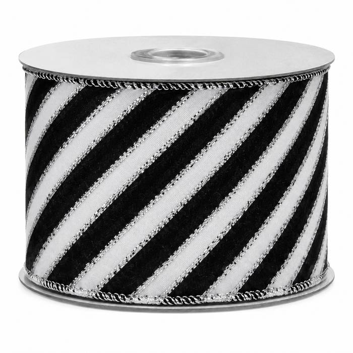 Black White Diagonal Striped Wired Ribbon - 2 1/2" x 25 Yards, Halloween, Fall, Thanksgiving, Christmas, Wreath Bows, Gift Wrapping, Party Decor, Floral Arrangements, Birthday, Anniversary, Glitter
