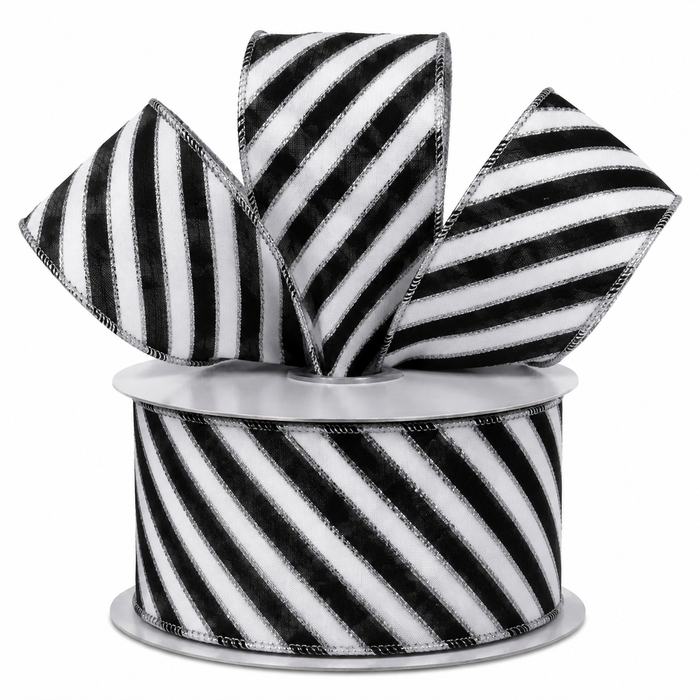 Black White Diagonal Striped Wired Ribbon - 2 1/2" x 25 Yards, Halloween, Fall, Thanksgiving, Christmas, Wreath Bows, Gift Wrapping, Party Decor, Floral Arrangements, Birthday, Anniversary, Glitter