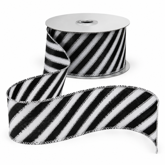 Black White Diagonal Striped Wired Ribbon - 2 1/2" x 25 Yards, Halloween, Fall, Thanksgiving, Christmas, Wreath Bows, Gift Wrapping, Party Decor, Floral Arrangements, Birthday, Anniversary, Glitter