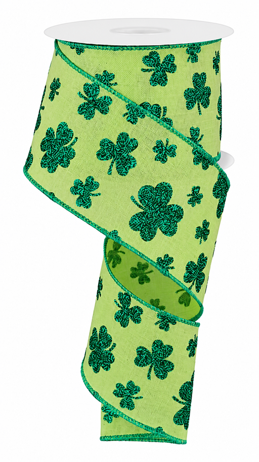 St. Patrick's Day Emerald Glitter Shamrock Ribbon - 2 1/2" x 10 Yards, Wired Edge, Lime Green Linen, St. Paddy's, Kiss Me I'm Irish, Gift Wrapping, Wreath, Swag, Garland, Irish Clover, Kelly Green