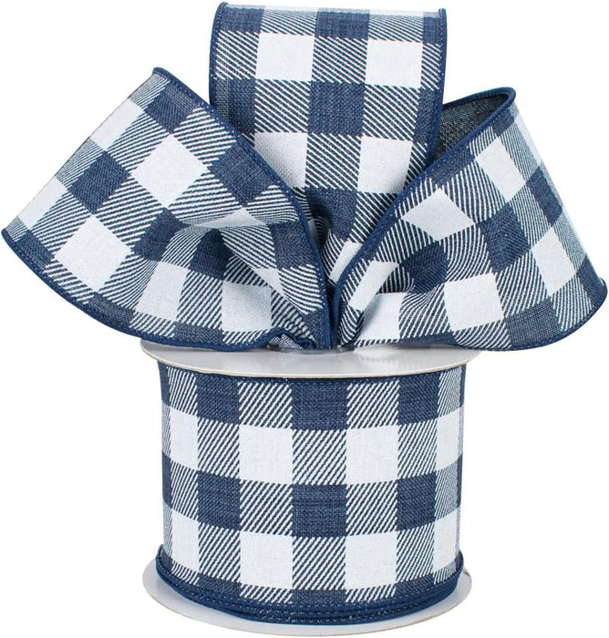 Navy Blue White Plaid Wired Ribbon - 2 1/2" x 10 Yards, 4th of July, America 250 Anniversary, Tree Ribbon, Wreath, Birthday, Wedding, Police Support, Summer, Baby Shower, Farmhouse