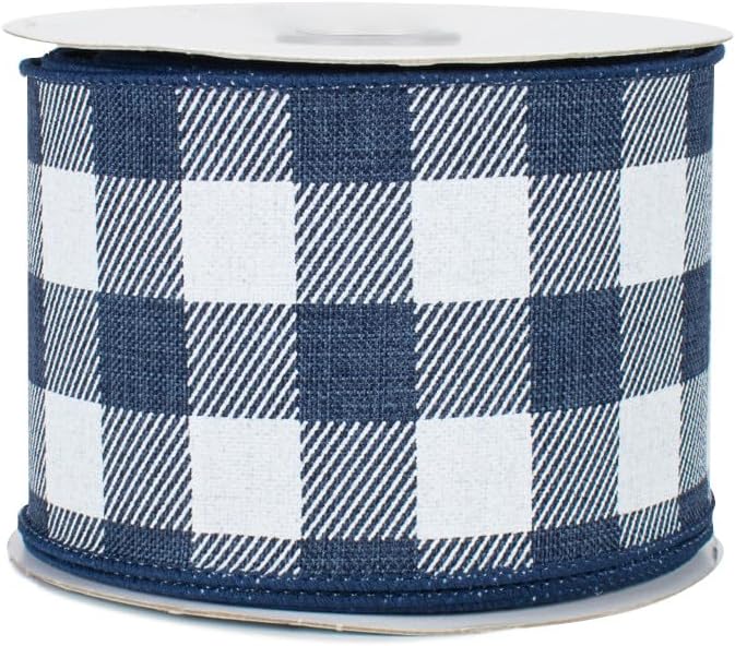 Navy Blue White Plaid Wired Ribbon - 2 1/2" x 10 Yards, 4th of July, America 250 Anniversary, Tree Ribbon, Wreath, Birthday, Wedding, Police Support, Summer, Baby Shower, Farmhouse