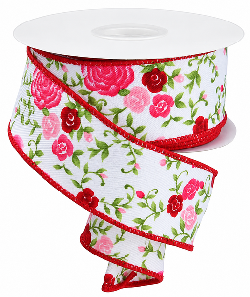Vintage Floral Shabby Chic Ribbon - 1 1/2" x 10 Yards, Pink & Red Roses, Wired Edges, Green Vines, Wedding, Wreath, Floral Decor, Gift Bow, Birthday, Valentine's Day, Christmas