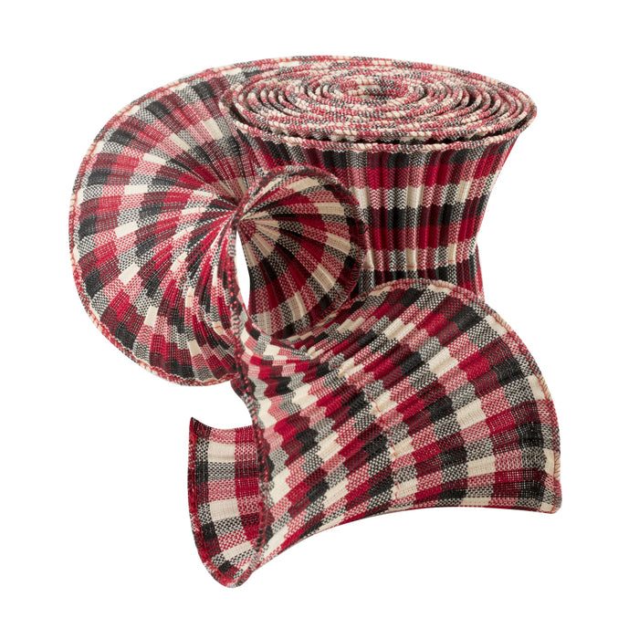 Classic Plaid Pleated Wired Ribbon - 5 1/2" x 5 Yards, Red, Black, Ivory