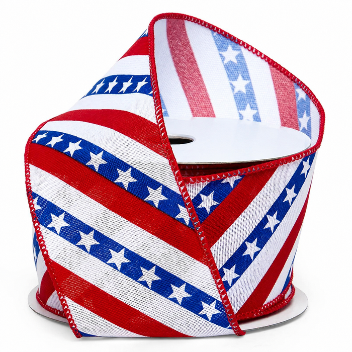 American Diagonal Striped Wired Ribbon - 2 1/2" x 10 Yards, 4th of July, America 250 Anniversary,  Star Banner, USA Patriotic Decor, Welcome Home Ceremony, Election, 1776, Americana, Veterans Day