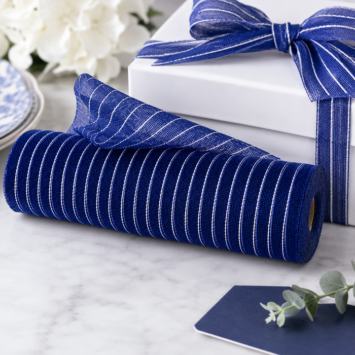Metallic Navy Striped Deco Mesh - 10.25" x 10 Yards, Fall, Election Day, Veterans Day, Hannukah, Christmas, Police Support, Wreath, Gift Wrapping, Patriotic Decor, DIY Crafts