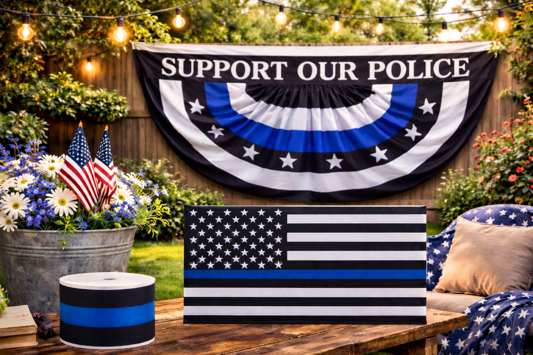 GiftWrap Etc. Support Law Enforcement Metal Sign - 12.5" x 6", 4th of July, America 250 Anniversary, American Flag, Police Appreciation, Thin Blue Line, Wreath, Veterans, Yard Decor, First Responder