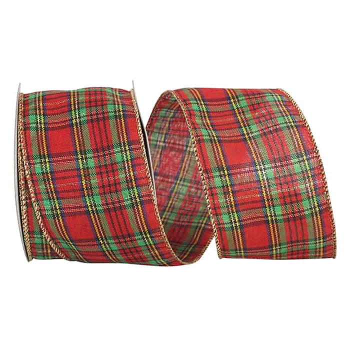 Red Green Tartan Gold Edge Christmas Plaid Ribbon - 2 1/2" x 10 Yards, Wired Edge, Gift Wrapping, Presents, Wreath, Swag, Tree Topper, Garland, Winter Decoration, Black, Blue, Yellow