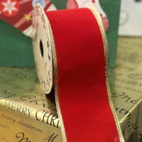 Gold Edge Red Velvet Ribbon - 2 1/2" x 10 Yards, Christmas, Wired Edges, Holiday Decor, Garland, Gift Wrapping, Wreath, Party Decor, Swag, Office, School, Anniversary, Valentine's Day