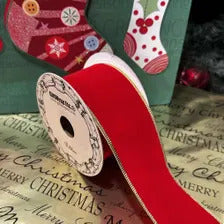 Gold Edge Red Velvet Ribbon - 2 1/2" x 10 Yards, Christmas, Wired Edges, Holiday Decor, Garland, Gift Wrapping, Wreath, Party Decor, Swag, Office, School, Anniversary, Valentine's Day