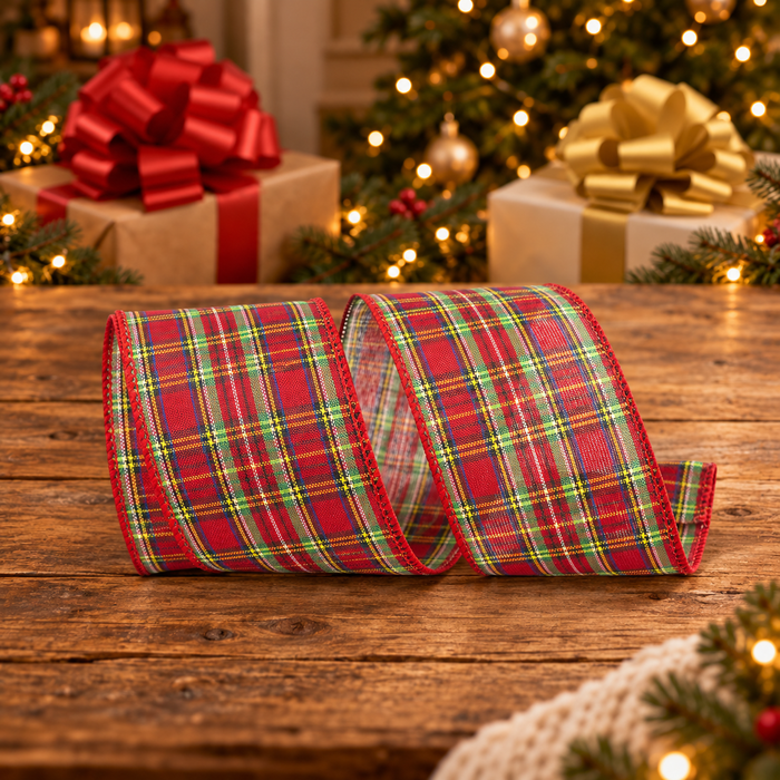 Christmas Tartan Plaid Wired Edge Ribbon - 2 1/2" x 10 Yards, Garland, Presents, Gift Wrapping, Wreaths, Bows, Xmas Tree Topper, Streamers, Winter Decor, Birthday