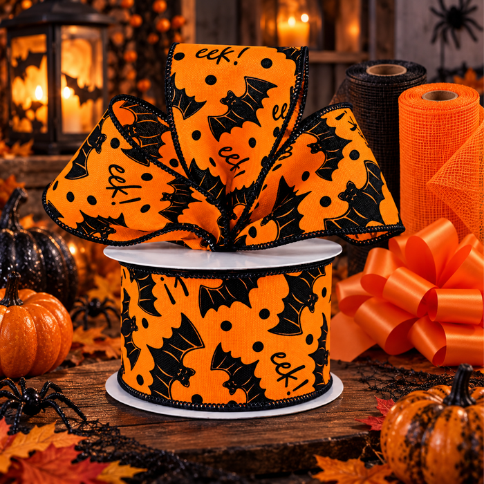Orange Black Bats Eek Ribbon - 2 1/2" x 10 Yards, Halloween, Trick or Treat, Haunted House, Fundraiser, Gift Wrapping, Wreath, Party Decor, Wired Edge, Classroom, Office, DIY Crafts