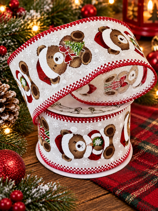 Christmas Teddy Bear Wired Ribbon - 2 1/2" x 10 Yards, Santa Hat Bear, Garland, Gift Wrapping, Wreath, Presents, Fundraiser, Boxing Day, Classroom, Office, Winter Decor