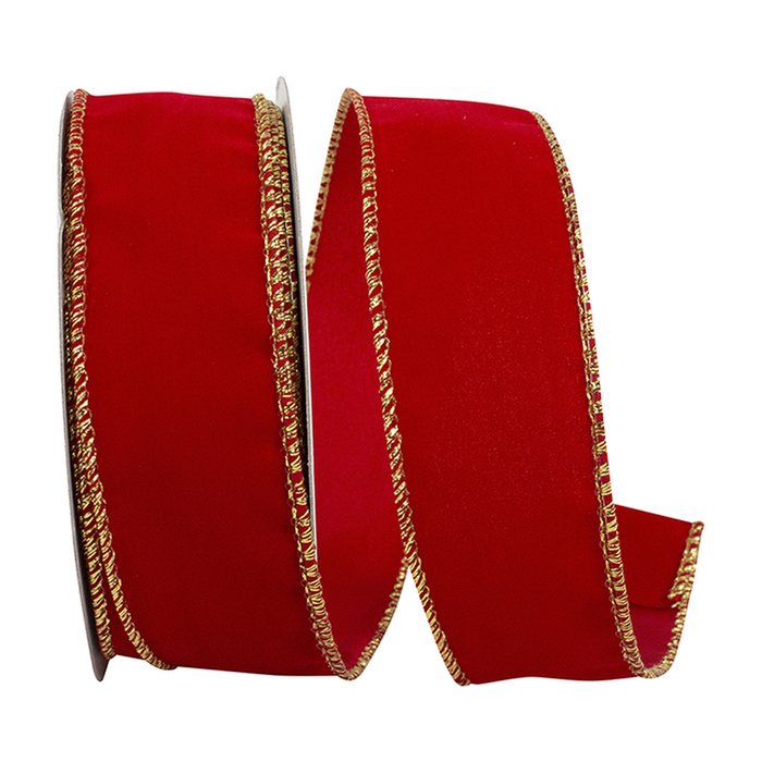 Red Velvet Gold Edge Ribbon - 1 1/2" x 10 Yards, Christmas, Wired Edge, Gift Wrapping, Presents, Wreath, Tree Topper Bows, Elegant, Classic, Traditional Holiday Decor, Valentine's Day