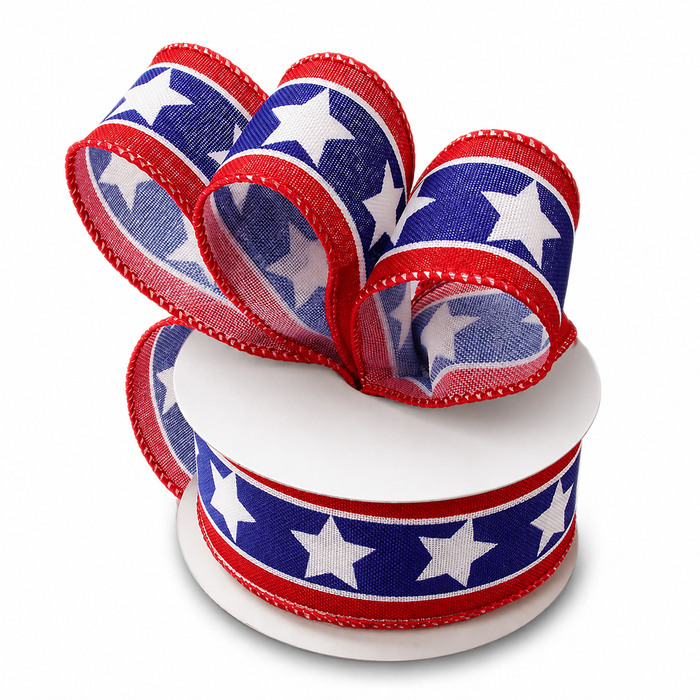 American Stars Patriotic Wired Ribbon - 1 1/2" x 10 Yards, 4th of July, America 250 Anniversary, Gifts, Swags, Garlands, USA, Fundraiser, Labor Day, 1776, Americana, Flag Day, Liberty, Veteran's Day