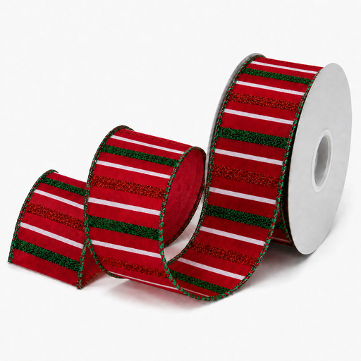 Metallic Red Green Pinstripe Ribbon - 2 1/2" x 10 Yards, Christmas, Wreaths, Tree Bows, Garlands, Gift Wrapping, Swags, Presents, Centerpieces, Holiday Crafts & Decor, Wired Edge
